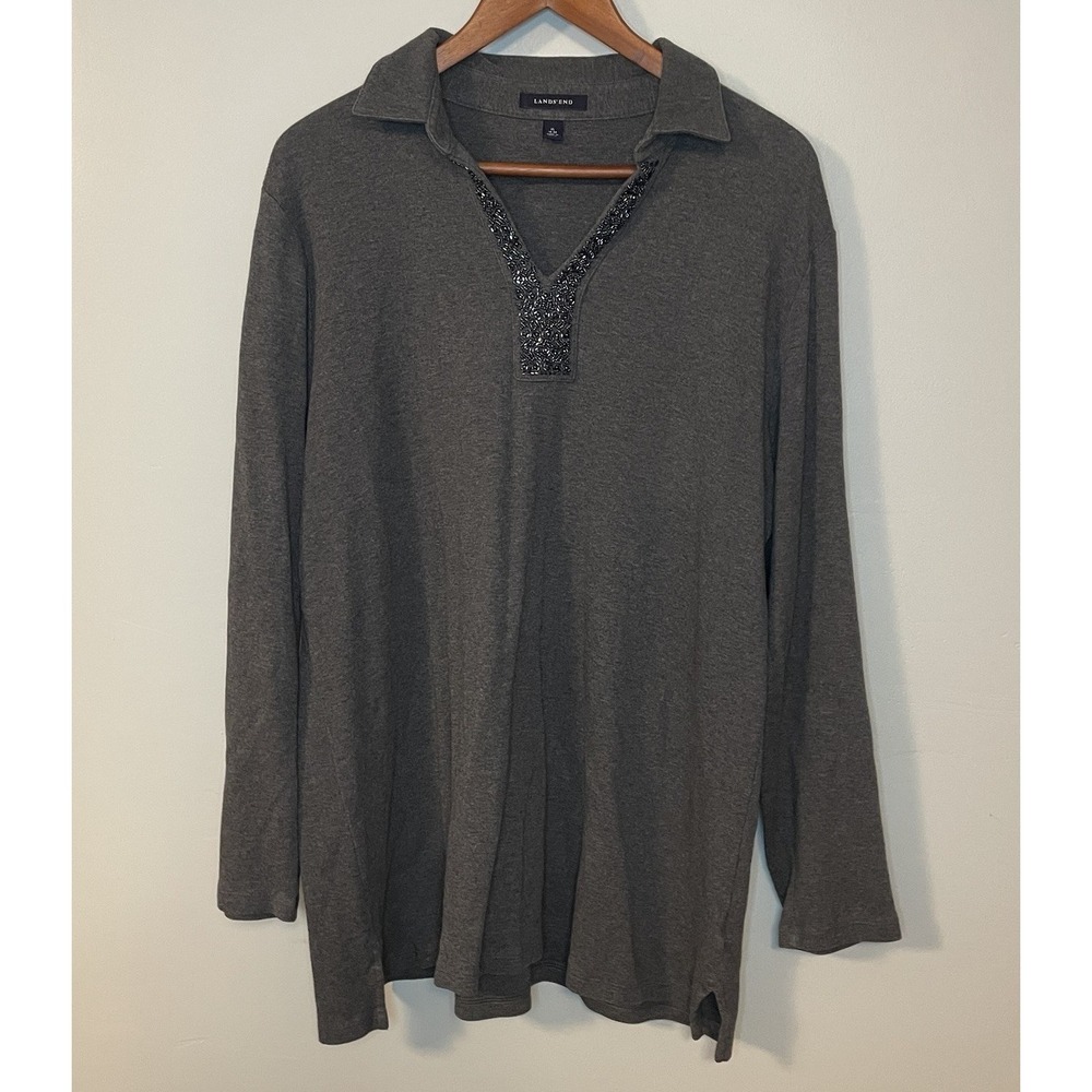 Lands' End Gray Tunic‎ Beaded Split Neck Size XL 18-20 Boho Embellished Beading